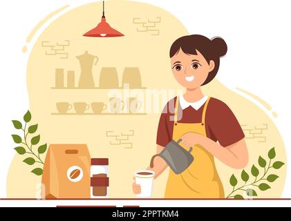 Illustration Barista portant un tablier debout pour préparer un café pour le client dans un modèle de page d'accueil ou de bannière Web de dessin animé à la main de dessin animé à plat Illustration de Vecteur