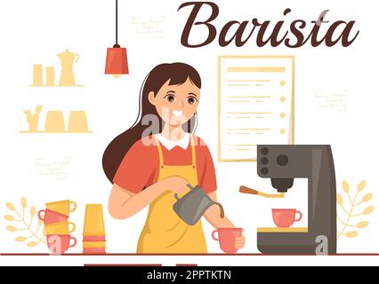 Illustration Barista portant un tablier debout pour préparer un café pour le client dans un modèle de page d'accueil ou de bannière Web de dessin animé à la main de dessin animé à plat Illustration de Vecteur