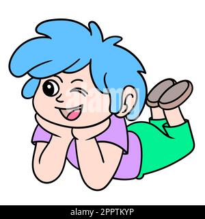 une fille sur son ventre avec un visage mignon, l'icône de doodle image kawaii Illustration de Vecteur