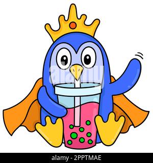 le roi des pingouins qui boivent de la glace de boba avec un visage heureux, l'icône en forme de doodle kawaii image Illustration de Vecteur