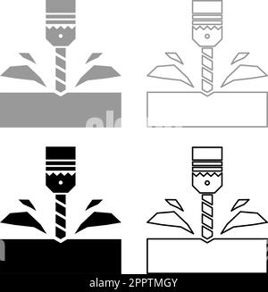 Foret avec cartouche traitement du matériau copeaux bit stationnaire utiliser l'icône Set gris noir couleur vecteur illustration image fond plein contour ligne mince plat Illustration de Vecteur
