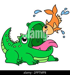 crocodile féroce essayant de s'attaquer à de petits poissons, doodle icône image kawaii Illustration de Vecteur