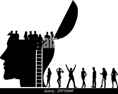 Silhouette abstraite: Les gens grimpent une échelle dans la tête - psychologie - amis - comportement, manipulation - expérience de vie et rencontres. Illustration de Vecteur