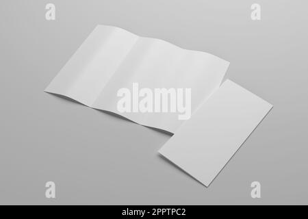Brochure en papier triple pli vierge sur fond gris. 3D illustration du rendu. Banque D'Images