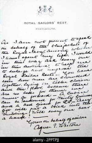 Lettre écrite par Agnes Weston, Royal marins Rest, Portsmouth, début 1900s Banque D'Images