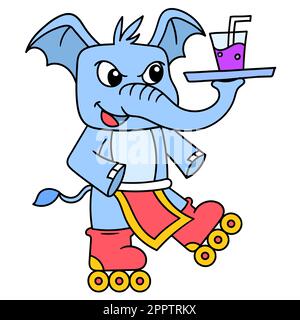 éléphants patins à roulettes portant des lunettes pour servir des boissons, l'icône de la danile kawaii Illustration de Vecteur