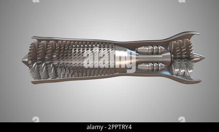 Fonctionnement du moteur à turbine montrant une visualisation aérodynamique et des pales de ventilateur à débit de poussée avec carte de rampe de température et flux de particules Banque D'Images