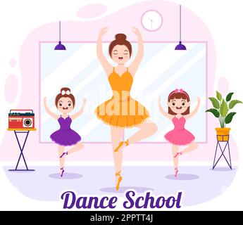 École de danse Illustration de la danse ou de la chorégraphie des enfants avec de l'équipement de musique en studio en dessin à plat de dessin à la main de dessin de page d'arrivée modèles Illustration de Vecteur