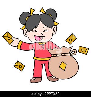 china girl distribue des enveloppes cadeau d'argent avec de grands sacs, doodle icône image kawaii Illustration de Vecteur