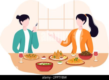 Dessin-modèle de la cuisine indienne Illustration avec diverses collections de délicieux plats traditionnels et certains le manger dans un restaurant Illustration de Vecteur