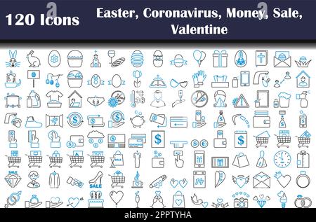 120 icônes de Pâques, coronavirus, argent, Vente, Saint-Valentin Illustration de Vecteur