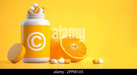 Flacon avec capsules de vitamine C et orange sur fond jaune. 3d illustration Banque D'Images