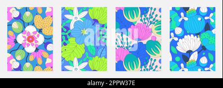 Ensemble de couvertures vectorielles avec motifs floraux de fleurs abstraites colorées avec trait noir. Modèles printemps ou été pour affiches, carnets, agendas. Rose, blanc, bleu, vert Illustration de Vecteur