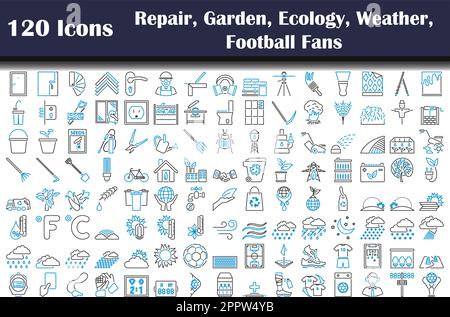 120 icônes de réparation, jardin, écologie, météo, fans de football Illustration de Vecteur