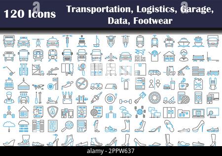 120 icônes des transports, de la logistique, du garage, des données, des chaussures Illustration de Vecteur