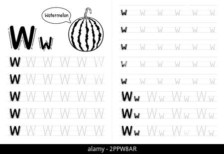 ABC alphabets Tracing Book Interior pour enfants. Enfants écrivant la feuille de travail avec photo. Premium Vector Elements Letter W. Illustration de Vecteur