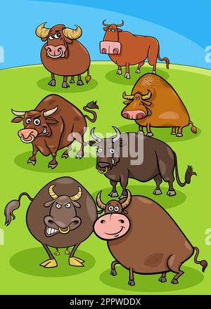 des taureaux de dessin animé animaux de ferme dans la prairie Illustration de Vecteur