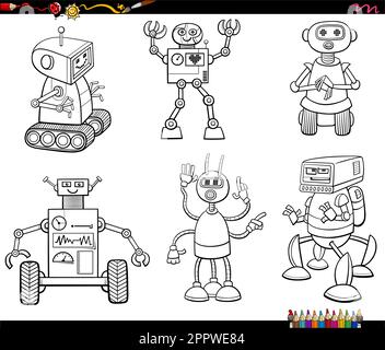 les robots de dessin animé et les personnages droids définissent la page de coloriage Illustration de Vecteur