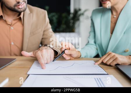 vue rognée des partenaires d'affaires pointant vers des graphiques tout en travaillant avec des papiers dans le bureau, image de stock Banque D'Images