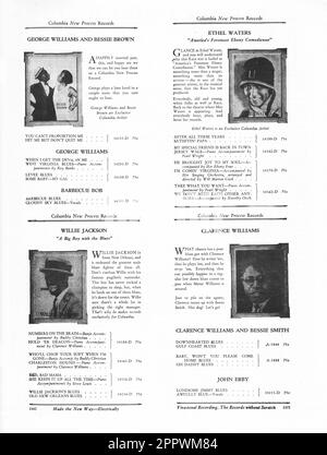 Une page d'un catalogue d'enregistrements de courses de 1927 de Columbia Records présentant le travail enregistré des stars du chant afro-américain. Banque D'Images