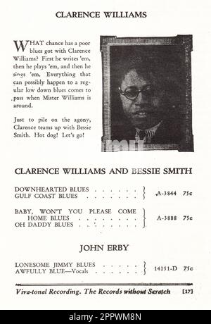 Une publicité dans un catalogue d'enregistrements de courses de 1927 de Columbia Records présentant les enregistrements de 78 rpm du chanteur de jazz, compositeur et pianiste Clarence Williams. Selon le professeur Google, 75 cents en 1927 serait d'environ $12,57 cents en 2023. Banque D'Images