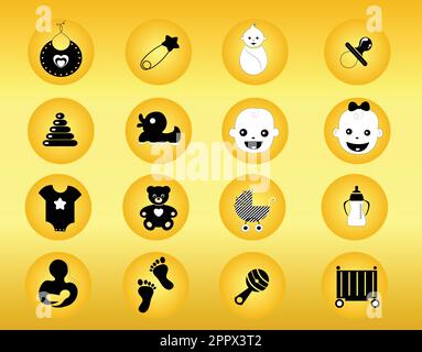 Ensemble d'icônes de bébé isolat sur fond doré Illustration de Vecteur