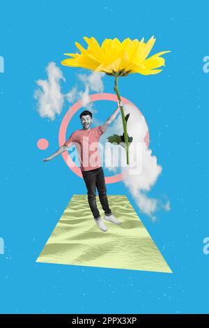 Affiche bannière image collage de jeune gars funky attrape le jaune volant Marguerite dans le ciel surréaliste concept d'aventure d'été Banque D'Images