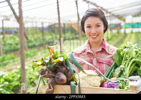 Portrait d'une agricultrice souriante tenant une caisse en bois de légumes sains à la ferme Banque D'Images