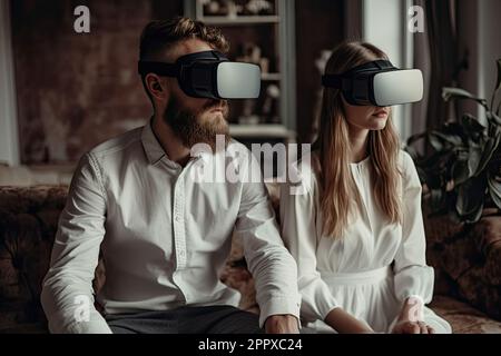 deux personnes, homme et femme utilisant des lunettes de réalité virtuelle dans une salle intérieure Banque D'Images