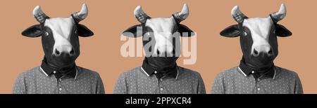 trois hommes portant des masques de vache en noir et blanc sur fond marron dans un format panoramique à utiliser comme bannière web ou en-tête Banque D'Images