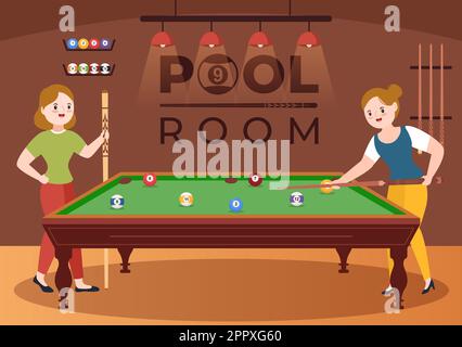 Jeu de billard dessin main dessin de dessin animé dessin animé Illustration avec salle de billard avec bâton, Cue visant les boules de billard dans le club de sport Illustration de Vecteur