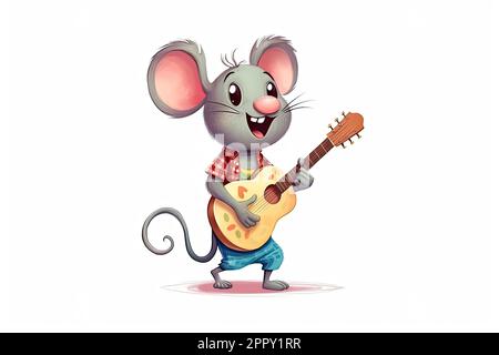 Souris jouant de la guitare et souriant avec un espace de copie sur fond blanc isolé Banque D'Images