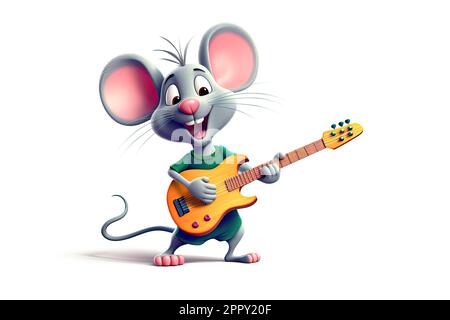 Souris jouant de la guitare électrique et souriant avec un espace de copie sur fond blanc isolé Banque D'Images