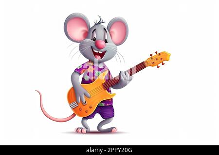 Souris jouant de la guitare électrique sur fond blanc isolé Banque D'Images