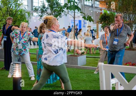 Groupe de personnes âgées faisant de l'étirement et de l'exercice de yoga d'équilibre Banque D'Images