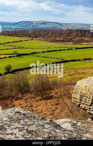 Vue d'hiver avec des rochers et des arbres à Birchen Edge près de Baslow dans le parc national de Peak District Derbyshire Angleterre Royaume-Uni Banque D'Images