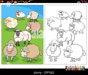 page de coloriage des personnages animaux de la ferme de moutons de dessin animé Illustration de Vecteur
