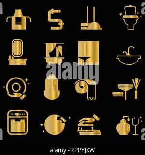 Ensemble d'icônes de nettoyage dorées Illustration de Vecteur
