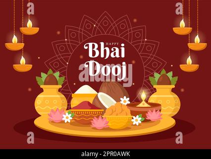 Happy Bhai Dooj Indian Festival Celebration dessin main Cartoon Illustration des Sœurs prier pour la protection des Frères avec un point sur son front Illustration de Vecteur