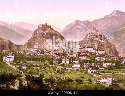 Châteaux jumeaux, Château de Tourbillon et Basilique de Valère, Sion, Valais, Suisse 1890. Banque D'Images
