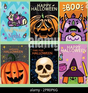 Lot de six affiches d'halloween ou carte de vœux avec de jolies simbols pour les fêtes Illustration de Vecteur