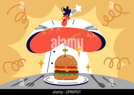 Fier chef masculin de présenter le hamburger Illustration de Vecteur
