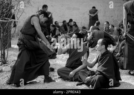 Débat des moines tibétains au monastère de sera à Lhassa - Tibet, 1995 Banque D'Images