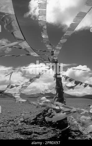 Les drapeaux de prières voler au sommet du LALUNG LA (COL) à plus de 17 000 pieds d'altitude le long de la route de l'AMITIÉ - Tibet Banque D'Images