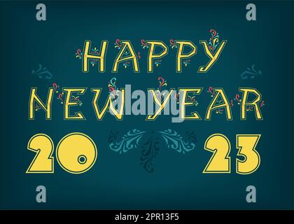 Bonne année 2023. Police de l'auteur - lettres et chiffres jaunes avec décor géométrique sur fond bleu foncé et décor floral. Illustration de Vecteur