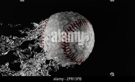 Éclaboussures de balle de baseball, fond noir, enveloppé dans et de l'eau, éclaboussures et gouttes d'eau tournent, rendu 3D. Banque D'Images