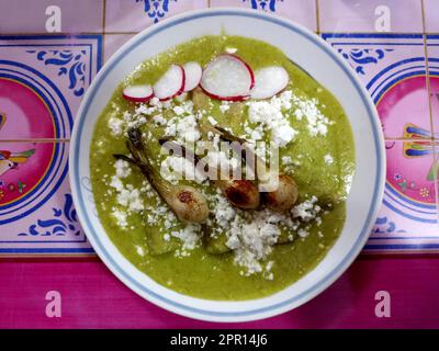Plat mexicain typique, enchiladas vertes faites avec des tortillas brunis dans l'huile baignée dans la sauce verte avec la crème, le fromage et les oignons chambray et les radis Banque D'Images