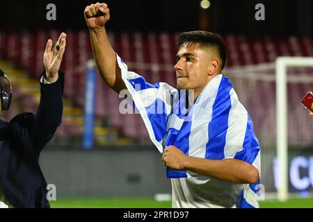 Salerno, Italie. 24th avril 2023. COMME le joueur ROM Dimitrios Keramitsis fête après le match final de Coppa Italia Primavera entre AS Roma et ACF Fiorentina au Stadio Arechi sur 25 avril 2023 à Salerne, Italie. - Credit: Nicola Ianuale/Alamy Live News Banque D'Images