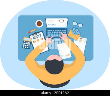 Vérification commerciale des documents avec graphiques, comptabilité, calculs et analyses de rapports financiers dans un dessin animé à main dessin animé Illustration Illustration de Vecteur