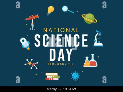 Journée nationale des sciences 28 février concernant les modèles de dessin à la main de produits chimiques liquides, scientifiques, médicaux et de recherche en dessin animé à la main Illustration de Vecteur